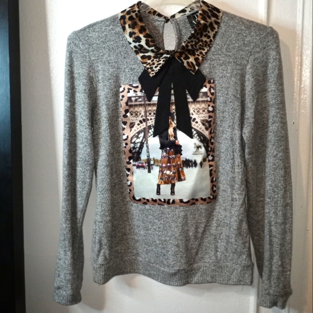 THE MOON grey patchwork leopard print sweater